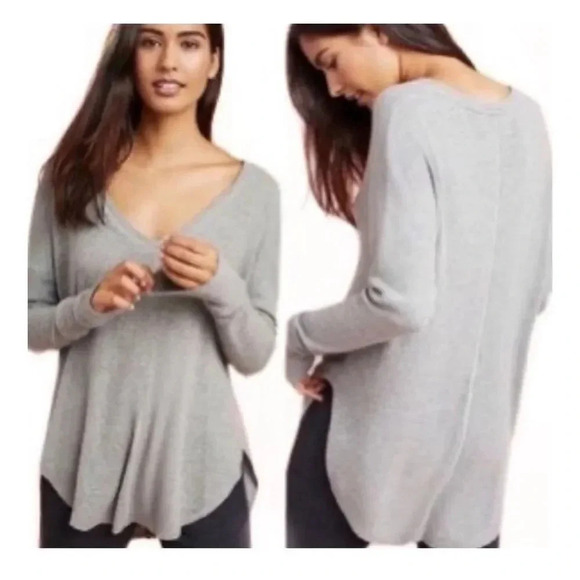 Anthropologie Oversized Waffle Knit Thermal Tunic Top XS Gray Raw Hem Lagenlook - Picture 1 of 10